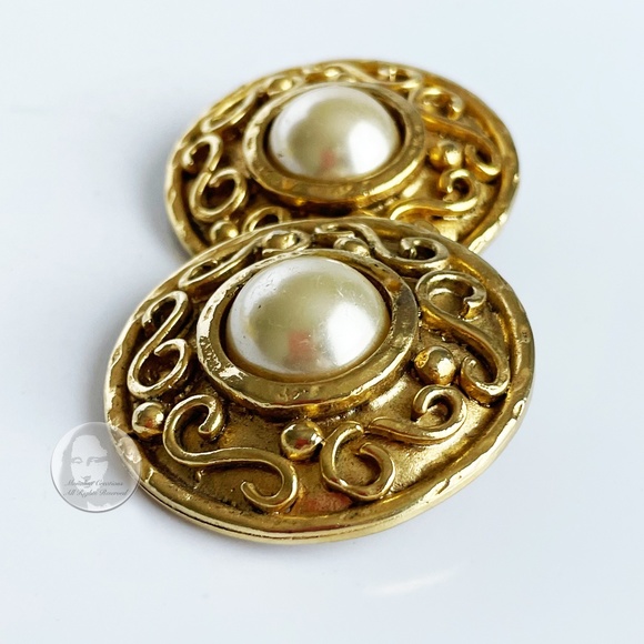 Edouard Rambaud Paris Earrings XL Round Etruscan Gold Metal Faux Pearl Vintage - Picture 8 of 12